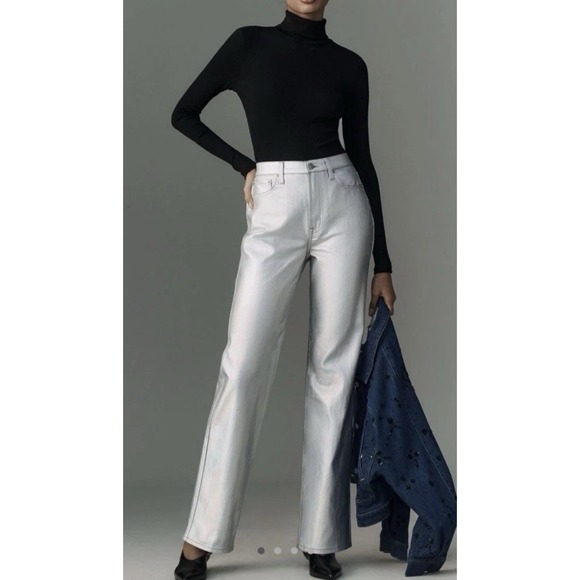 PISTOLA New Cassie High Rise Straight Jeans 28 Metallic Silver Coated Prism Pant